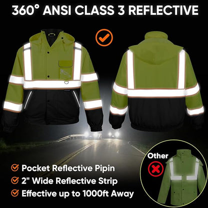 TICONN Waterproof Safety Bomber Jacket, Hi Vis Reflective Rain Jacket, ANSI Class 3 Work Rain Coat for Men Women