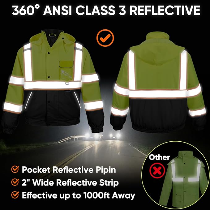 TICONN Waterproof Safety Bomber Jacket, Hi Vis Reflective Rain Jacket, ANSI Class 3 Work Rain Coat for Men Women