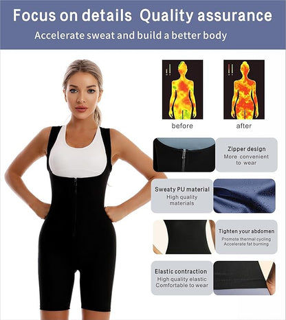 Sauna Suit Waist Trainer for Women, Full Body Waist Trimmer Vest Jumpsuit With Sleeve Shorts for Lower Belly Fat