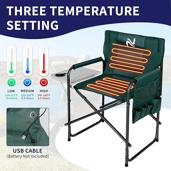 Slsy Oversized Heated Camping Chair, Portable Directors Chair with 3 Heat Levels, Heavy Duty Outdoor Heating Folding Chair Camp Chairs with Side Table, Pocket for Camping, Fishing, Picnic, Lawn