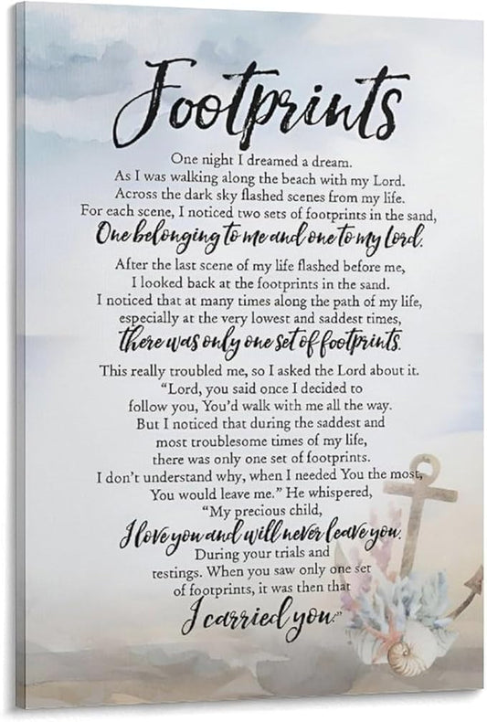 Footprints in the Sand Religious Canvas Wall Art Posters, Inspirational Beach Sunset Poem Print Poster (Framed 20x30inch, Footprints(6))