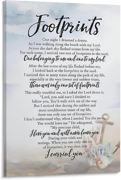 Footprints in the Sand Religious Canvas Wall Art Posters, Inspirational Beach Sunset Poem Print Poster (Framed 16x24inch, Footprints(6))