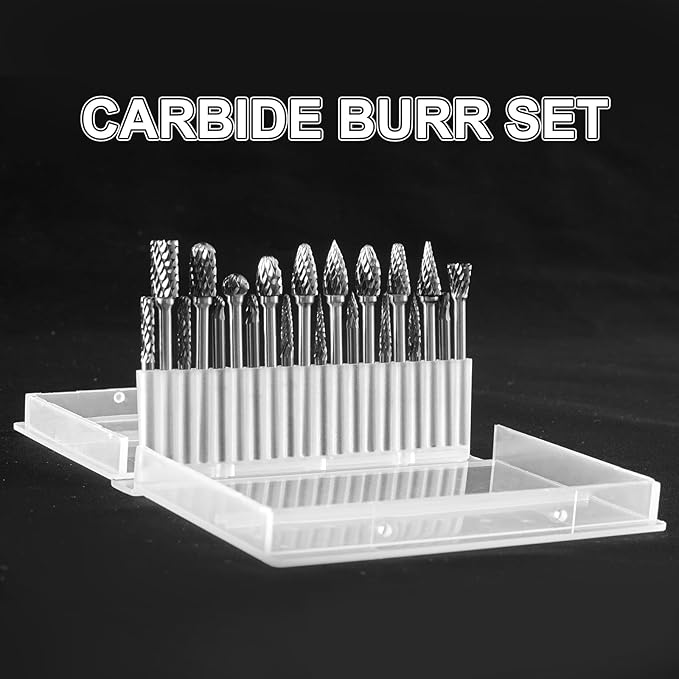 Tungsten Carbide Burr Set, 1/8" Shank 20PC Double Cut Die Grinder Rotary Tool Cutting Burrs Set for Metal and Wood Working Carving, Engraving, Polishing, Grinding with Clear Storage Case
