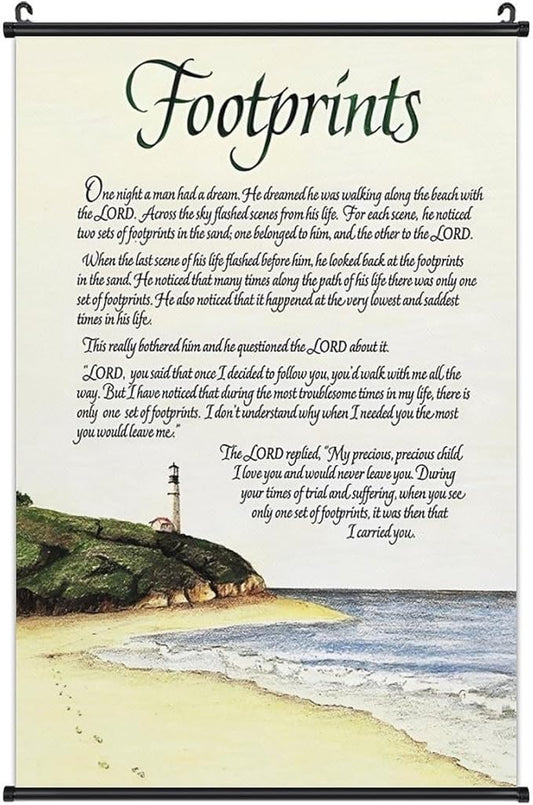 Footprints in the Sand Religious Canvas Wall Art Posters, Inspirational Beach Sunset Poem Print Poster (Black Axis 16x24inch, Footprints(5))