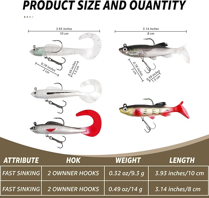 Inmorven Soft Fishing Lures Shad Minnow Swimbaits, Pre-Rigged Jig Head Paddle Tail Swimbaits for Freshwater and Saltwater, Jigs Fishing Bait for Bass Crappie Trout Walleye, Fishing Gifts for Men