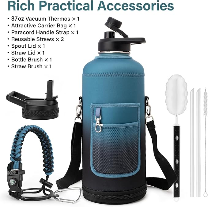 Insulated Water Bottle | Thickened Stainless Steel for Gym and Hiking with Straw, Carrier Bag, Handle Strap | BPA-Free 87 oz