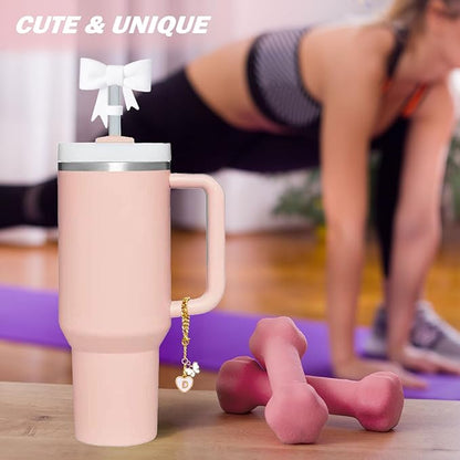 Bow for Stanley Straw Topper- 3pcs Cute Cup Bow Straw Cover Silicone Cap 10mm with 2pcs Initial Letter Charms Name Id Personalized Accessories 40/30 Oz Tumbler Water Bottle Cups White-D