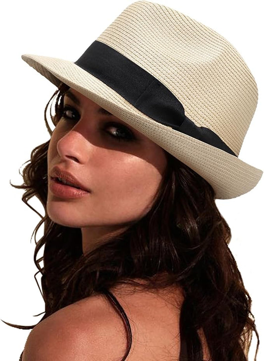DRESHOW Women Straw Sun Hat Short Brim Panama Travel Fedora Beach Cap Roll up Summer Hat for Women Men UPF 50+