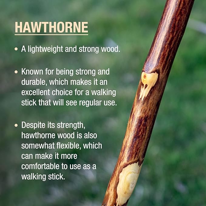 Brazos Rustic Wood Walking Stick, Hawthorn, Traditional Style Handle, for Men & Women, Made in The USA
