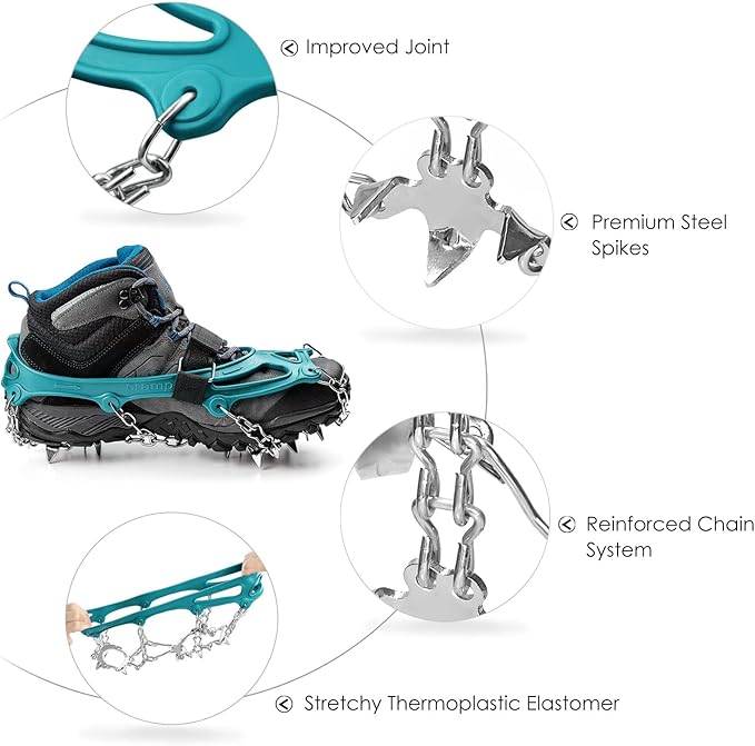 Crampons Ice Cleats Traction Snow Grips for Boots Shoes Women Men Anti Slip 19 Stainless Steel Spikes Safe Protect for Hiking Fishing Walking Climbing Mountaineering