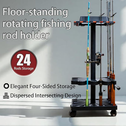 Freestanding Rotating Fishing Rod Rack, Home Display Organizer, Tool-Free Assembly, Holds up to 24 Rods, with Rolling Wheels (Holds up to 24 Rods Without Rolling Wheels)