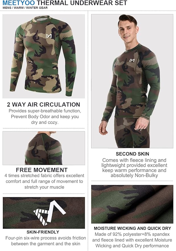 Thermal Underwear for Men, Winter Gear Long Johns Base Layer Top and Bottom Set for Skiing Running