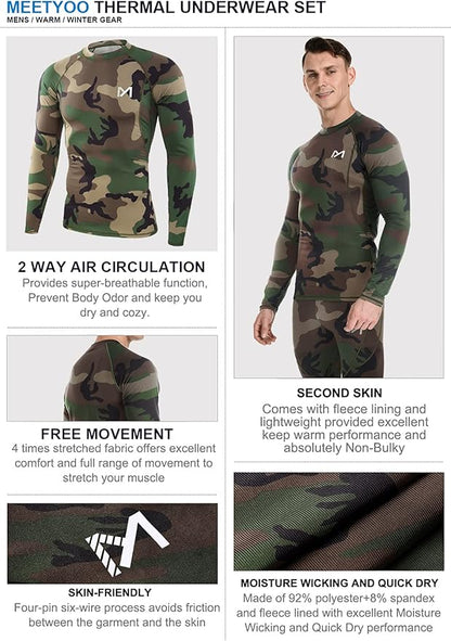 Thermal Underwear for Men, Winter Gear Long Johns Base Layer Top and Bottom Set for Skiing Running