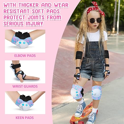 Knee Pads for Kids Girls Protective Gear Set Adjustable Knee Pads and Elbow Pads Set with Wrist Guard for Girls Kids Toddler Roller Skates Bike Cycling Skateboard Scooter (Blue&White Mermaid)