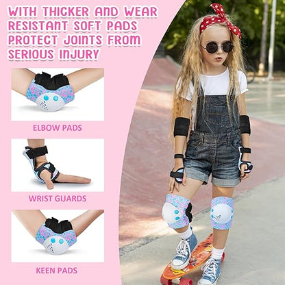 Knee Pads for Kids Girls Protective Gear Set Adjustable Knee Pads and Elbow Pads Set with Wrist Guard for Girls Kids Toddler Roller Skates Bike Cycling Skateboard Scooter (Blue&White Mermaid)