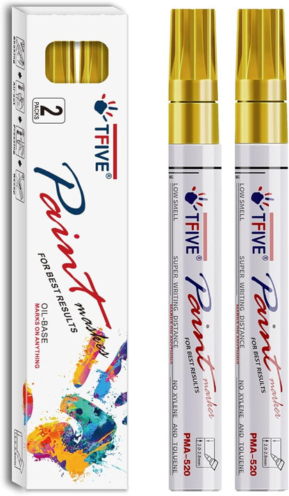 TFIVE Gold Permanent Paint Marker Pens - 2 Count Oil Based Marker Pen, Medium Tip, Waterproof & Quick Dry, for Office, Art projects, Rock Painting, Ceramic, Glass, Wood, Plastic, Metal, Canvas