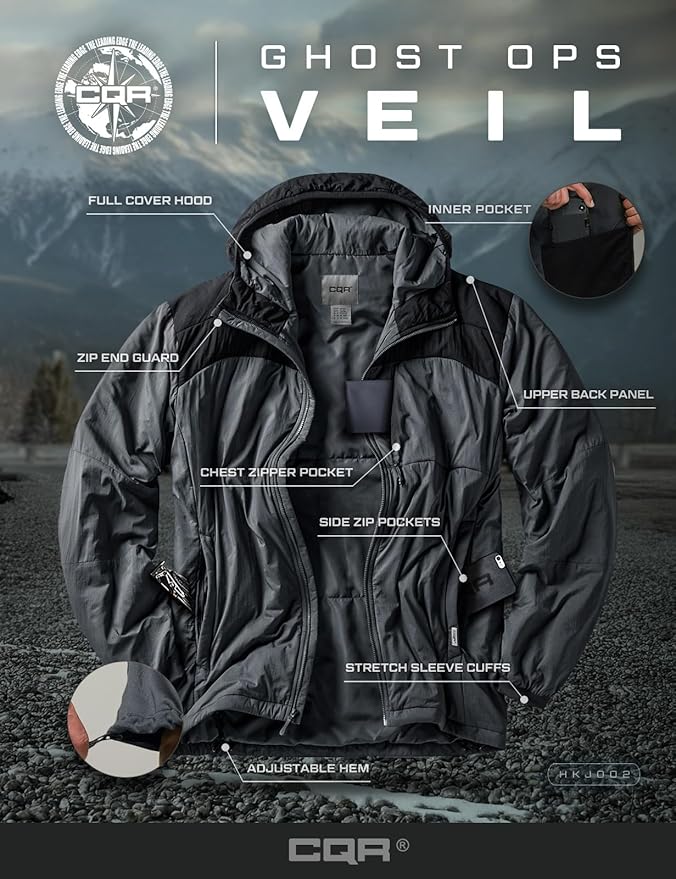 CQR Men's Lightweight Insulated Jacket, Windproof Packable Water Resistant Warm Active Coat for Hiking Work Outdoor Tactical