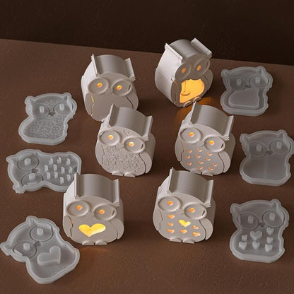 7 Packs DIY Epoxy Resin Soft Silicone Molds, MUAECH Halloween Wisdom Owl Hollowed-Out Egg Lamp Mold, 6 Face Covers and 1 Base Box, Owls Wearing Glasses Candle Stand Moulds Handmade Art Crafts