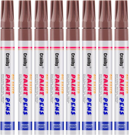 Brown Paint Markers, 8 Pack Oil-Based Waterproof Quick Dry Permanent Paint Pen Set for Rocks Painting, Wood, Fabric, Plastic, Canvas, Glass, Mugs, Metal, Tire, Stone, DIY Craft