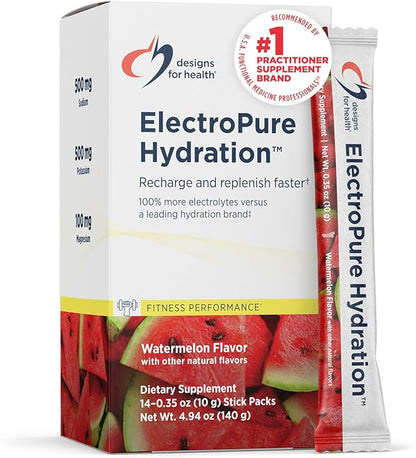 Designs for Health ElectroPure Hydration Packets, Watermelon Flavor - Electrolytes Powder with Vitamin C, Magnesium, Zinc, and Potassium - with Stevia and Monk Fruit Sweetener (14 Stick Packets)