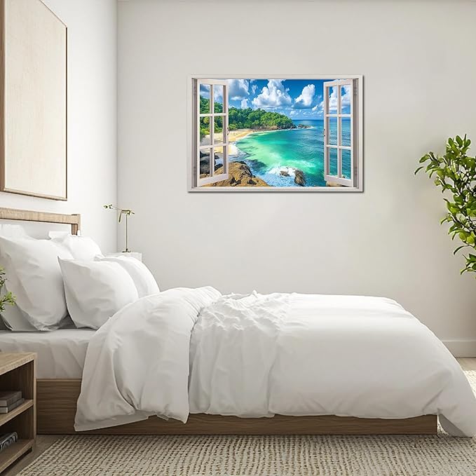 ANRUOXI Beach Window Canvas Wall Art, Enclosed Bedroom Living Room Ocean Coastal Channel Scene Picture, Tropical Sea Landscape Painting Print Artwork Horizontal Seascape Artwork for Bedroom 32x48 Inch