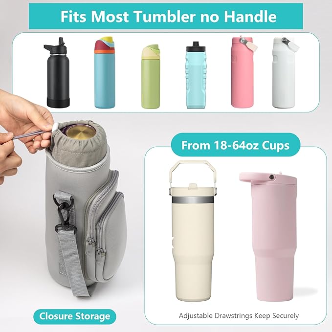 linmaya Water Bottle Carrier Bag, Insulated Water Bottle Bag Fits Stanley IceFlow Owala 16/24/32/40oz Tumbler, Water Bottle Holder with Shoulder Hand Straps, 2 Pockets for Travel, Hiking, Camping