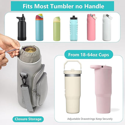 linmaya Water Bottle Carrier Bag, Insulated Water Bottle Bag Fits Stanley IceFlow Owala 16/24/32/40oz Tumbler, Water Bottle Holder with Shoulder Hand Straps, 2 Pockets for Travel, Hiking, Camping