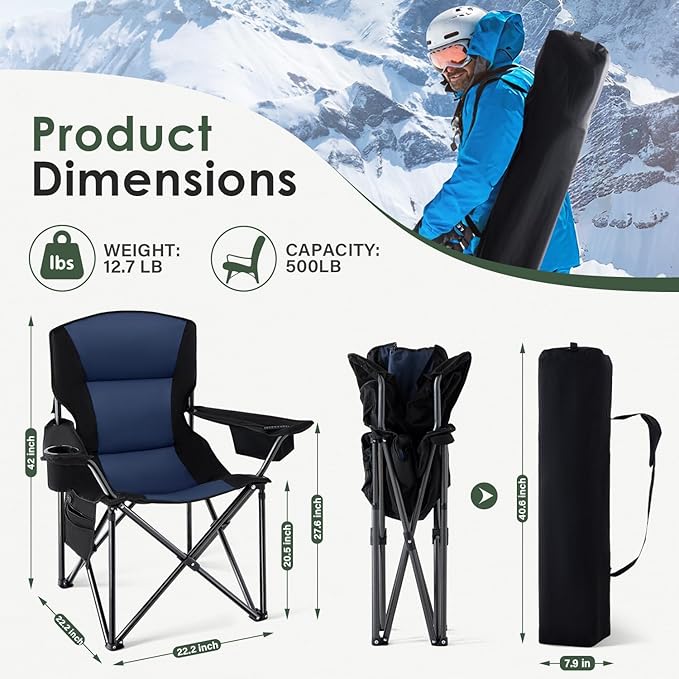 Homcosan Heated Camping Chair for Adults, Portable Outdoor Chairs with 3 Heat Levels, Oversized Foldable Lawn Chairs Without Power Bank, Perfect for Camping, Outdoor Sports, Picnics, Fishing (Blue)