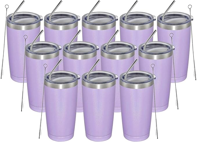 MEWAY 20oz Tumbler 12 Pack Double Wall Vacuum Insulated Travel Glitter Mug Bulk, Stainless Steel Tumblers with Lid and Straw, Powder Coated Coffee Cups for Woman(Rainbow Purple,Set of 12)