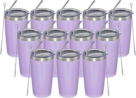 MEWAY 20oz Tumbler 12 Pack Double Wall Vacuum Insulated Travel Glitter Mug Bulk, Stainless Steel Tumblers with Lid and Straw, Powder Coated Coffee Cups for Woman(Rainbow Purple,Set of 12)