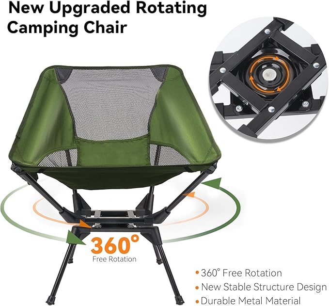 Upgraded 360° Swivel Camping Chair for Adults, Portable Folding Chair with Cup Holder, Lightweight Compact Backpack Outdoor Chair for Travel, Fishing, Hiking, and Beach