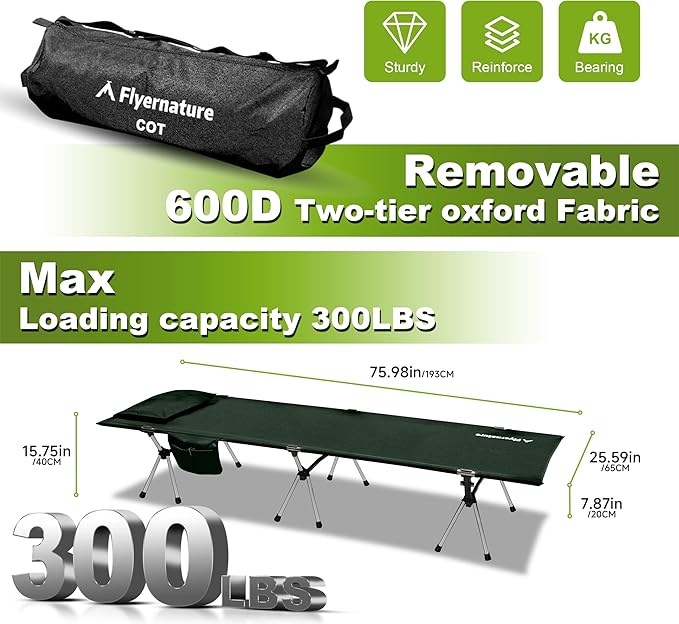 Camping Cot,Ultra-Lightweight Folding Backpacking Cot,300 LBS Weight Capacity,Adult Portable Camping Bed,Suitable for Camping,Hiking,Travel,Home,Office,Sleeping.75" x 26" x 15.8" (Green)
