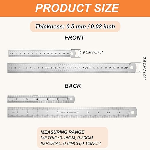HARFINGTON 4 Pcs Steel Ruler 6"/12" Machinist Metal Ruler Carbon Steel Metric Straight Edge Measuring Tools 0.4mm Thick for Engineering Architect Drawing Home Office