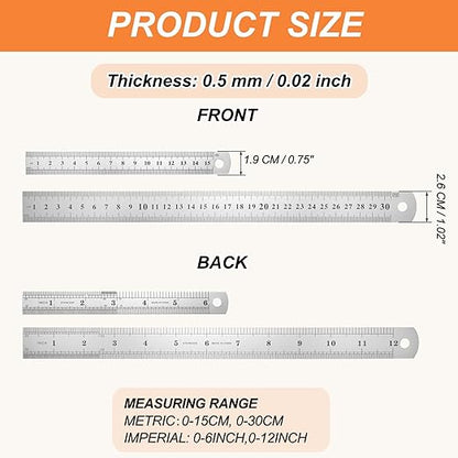 HARFINGTON 4 Pcs Steel Ruler 6"/12" Machinist Metal Ruler Carbon Steel Metric Straight Edge Measuring Tools 0.4mm Thick for Engineering Architect Drawing Home Office