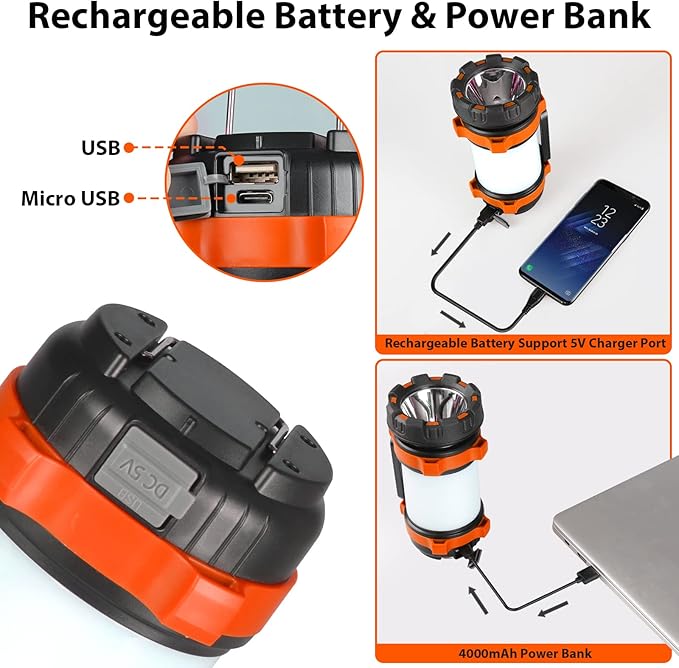 2 Pack Camping Lantern, Outdoor LED Camping Light, Rechargeable Flashlights with 1000LM, 6 Modes, 4000mAh Power Bank, IPX5 Waterproof Portable Emergency Camp Light for Hurricane Survival - Orange
