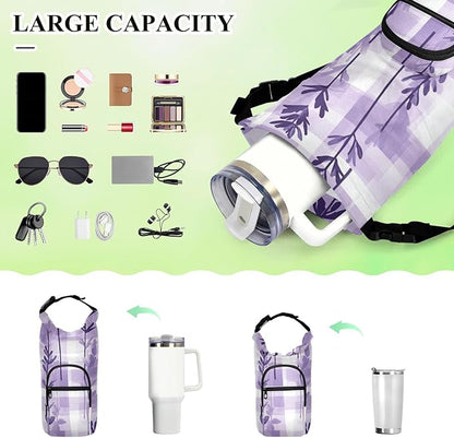 Lavender Flowers Palid Purple Water Bottle Holder with Strap Insulated Water Bottle Carrier Crossbody Bags Pouch with Phone Pocket for Travel Gym Hiking Walking Running