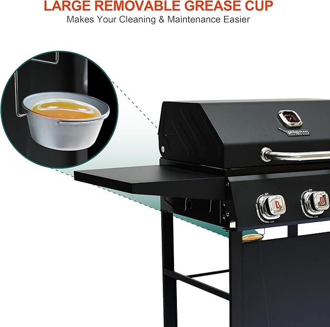 Brand-Man 3-Burner Propane Gas Grill, 27,000 BTU BBQ Grill with Porcelain-Enameled Grates, Built-In Thermometer, Side Shelves, Heavy-Duty Wheels – Outdoor Grill for Patio, Backyard & Garden