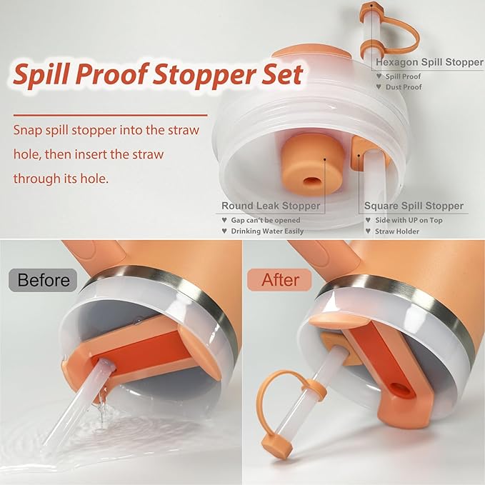 Stanley Cup Accessories Set Including 6 Pcs Silicone Spill Proof Stopper, 2 Pcs Straw Cover Cap for 9-10 mm Straws, 1 Pcs Silicone Boot for Stanley Cup 40oz & 30oz Tumbler (Nectarine)