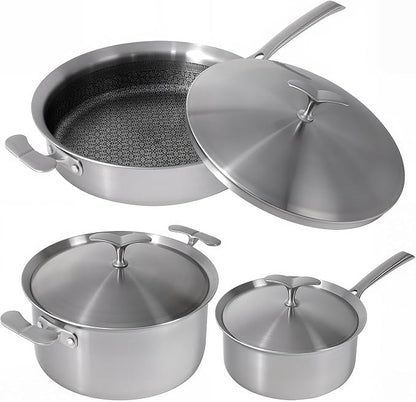 5-Ply Stainless Steel Cookware Set 6 Pcs, Non Stick Pots and Pans Set with Steam-Return Lids, Induction & Oven Safe, Non Toxic, PFOA PTFE PFOS Free, Professional Chef Quality Cookware