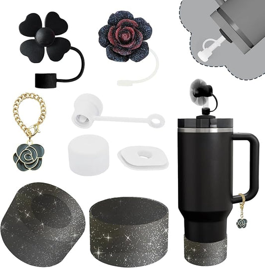 Stanley Cup Accessories Set,Including 2 Pcs 0.4in Straw Cover, 1 Silicone Spill-Proof Stopper Set of 3, 1 Cute Rose Handle Charm, 1 Silicone Boot Fits Stanley 40&30 Oz Tumbler (Black 2.0)