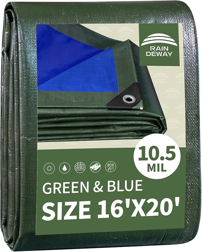RAINDEWAY Tarps Heavy Duty Waterproof 16x20 Feet,10.5 Mil Waterproof Tarps for Outdoors,Multipurpose Poly Tarp Cover with Metal Grommets and Reinforced Edges,Green/Blue