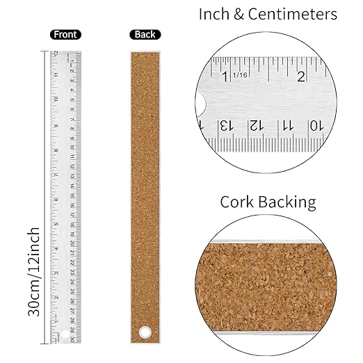 Metal Ruler with Cork Backing, 12 Inch Stainless Steel Rulers 12 Inch Metal Ruler 2 Pack- Imperial and Metric - Non-Slip Prevent Ink Leakage - for School Office Engineering Tools