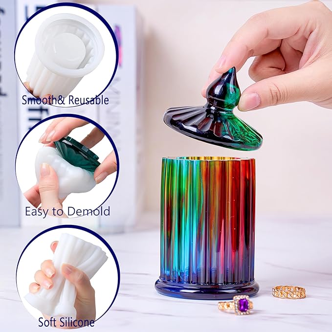 Jar Resin Molds Silicone with Lid Jewelry Storage Box Epoxy Resin Casting Mold for DIY Candle Vessels Pen Holder Cement Mould Cool Vintage Craft Making Candy Container Concrete Moulds Home Decoration