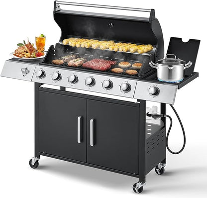 MELLCOM Upgraded 60,000 BTU Stainless Steel Burner Barbecue Grill, 6 Burner BBQ Propane Gas Grill with Side Stove & Cast Iron Grates for Patio, Camping, Outdoor Cooking