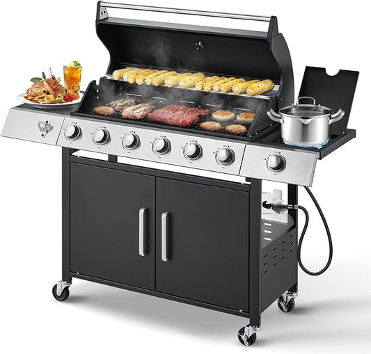 MELLCOM Upgraded 60,000 BTU Stainless Steel Burner Barbecue Grill, 6 Burner BBQ Propane Gas Grill with Side Stove & Cast Iron Grates for Patio, Camping, Outdoor Cooking