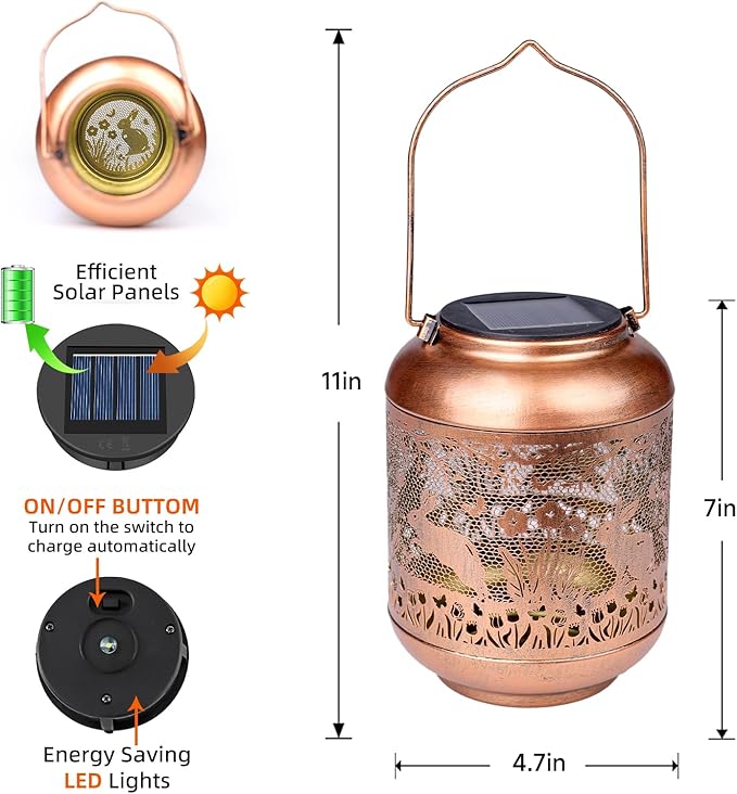 Rabbit Solar Lanterns Outdoor Waterproof-Hanging Solar Lights Bunny Gifts for Women Mom Grandma Metal Decorative LED Lantern Outside for Garden Decor,Yard,Patio,Lawn,Porch,Backyard,Pathway