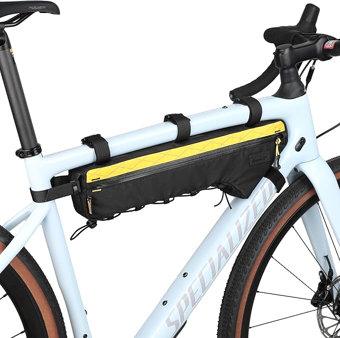 Rhinowalk BHD0017 Bike Frame Triangle Bag 2.4L, Waterproof Tool Storage Bag with YKK Zippers, Pump Holder & Cable Port Slim Fit – Black+Yellow