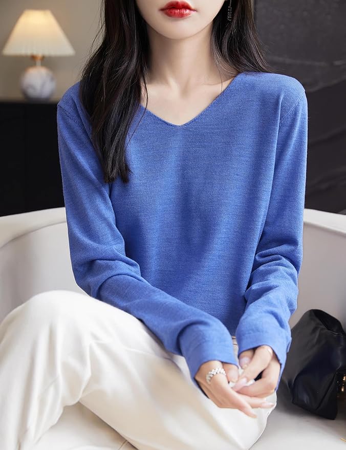 Chanyarn Women's 100% Merino Wool Base Layer Shirt Tops V Neck Long Sleeve Travel Hiking Tee T Shirt Pullover Sweater