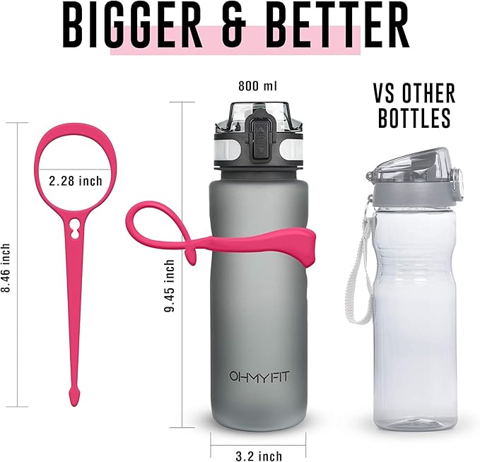 Tritan Sports Water Bottle with Magnetic Silicone Carry Strap & One Click Open Cap - Magnetic Drink Holder for Metal Equipment - Bottle w/Straps for Backpack, Belt & More (30oz, Fuchsia)