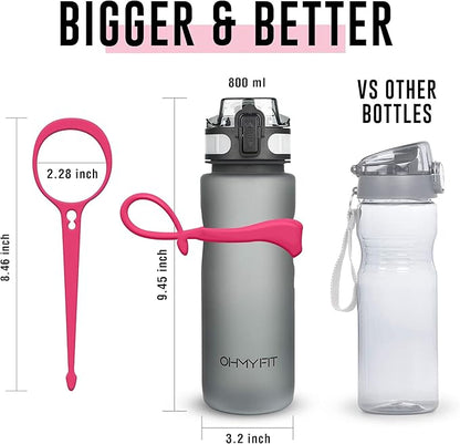 Tritan Sports Water Bottle with Magnetic Silicone Carry Strap & One Click Open Cap - Magnetic Drink Holder for Metal Equipment - Bottle w/Straps for Backpack, Belt & More (30oz, Fuchsia)